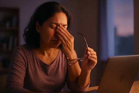 Mujer con vista cansada tras horas de computadora, motivo de uso de Visionix en Honduras