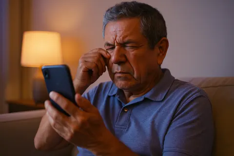 Hombre alejando el celular para leer letra pequeña, visión borrosa de cerca