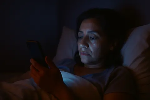 Mujer mirando el celular en la cama con luz azul en la cara