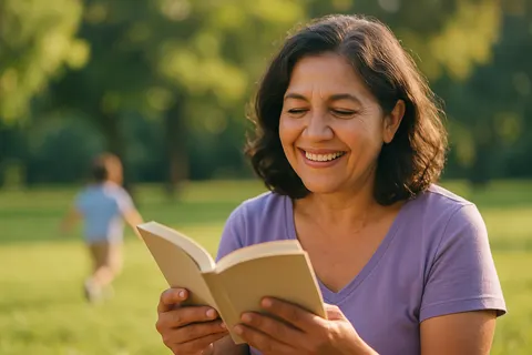 Mujer leyendo cómodamente al aire libre tras la pauta de Visionix