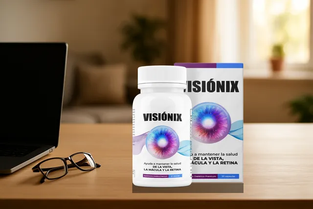 Visionix cápsulas sobre el escritorio junto a la computadora y los lentes de lectura